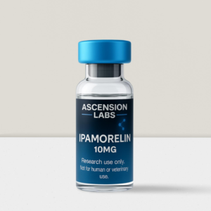 Ascension Labs USA Ipamorelin 10mg GH axis research peptide vial on dark laboratory background