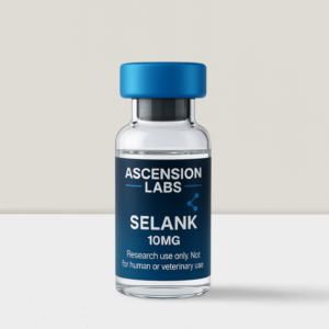 Ascension Labs USA Selank 10mg stress-response research peptide vial on dark laboratory background