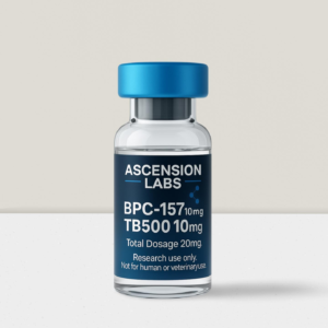 Ascension Labs USA BPC-157/TB-500 Blend 20mg soft-tissue and recovery research peptide vial on dark laboratory background