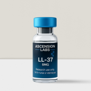 Ascension Labs USA LL-37 5mg innate immune and antimicrobial research peptide vial on dark laboratory background