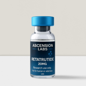 Retatrutide 20mg lyophilized peptide vial from Ascension Labs USA for multi-receptor metabolic and glucose-handling research (For Research Use Only).